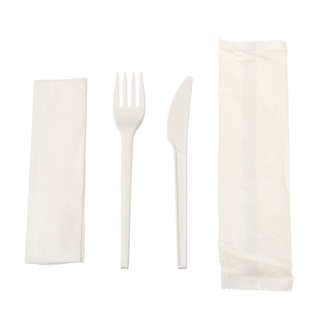 3 in 1 Cutlery Set - CPLA 16cm Knife, Fork & Serviette (100) - Image 2