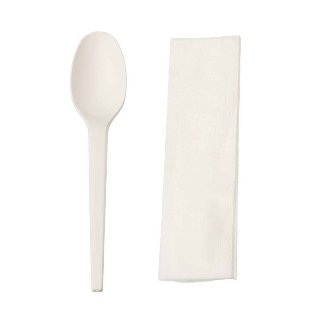 2 in 1 Cutlery Set - CPLA 16cm Spoon & Serviette (100) - Image 2